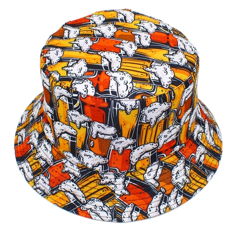 Chapeau Bob en Coton Réversible Protection Solaire Dessin Animé Mignon Chope de Bière Imprimé pour Femmes Hommes Voyage Jaune