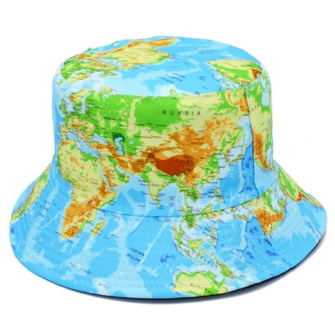 Bob avec Impression Carte du Monde pour Hommes Femmes Coton Réversible Protection Solaire Chapeau de Pêcheur Voyage Pliable Plage
