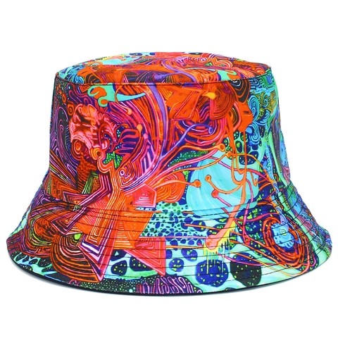 Omkeerbare Katoenen Vissershoed Met Psychedelische Abstracte Print Voor Heren Dames Zonwering Outdoor Hip Hop Streetwear Hoed