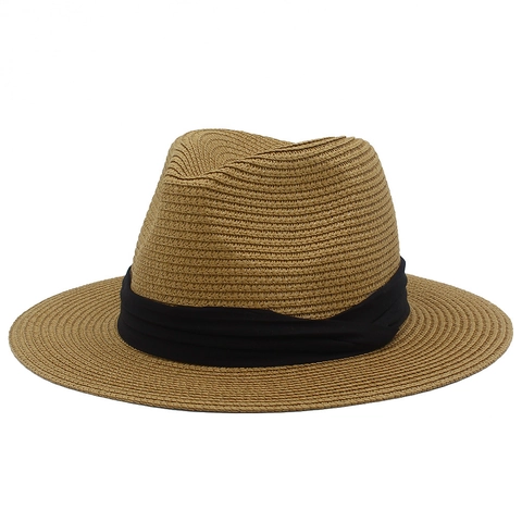 Classic Woven Straw Fedora Panama Sun Hat For Men Women Breathable Wide Brim Summer Beach Jazz Hat With Black Ribbon Band