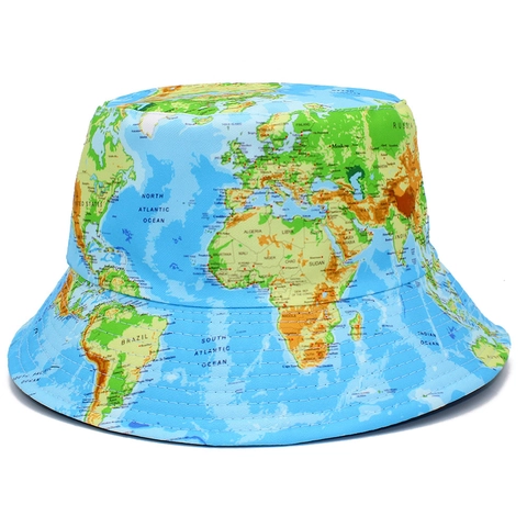 Bob avec Impression Carte du Monde pour Hommes Femmes Coton Réversible Protection Solaire Chapeau de Pêcheur Voyage Pliable Plage