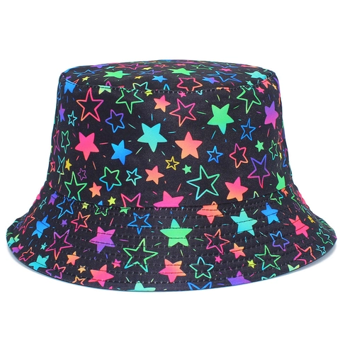 Cappello a Secchiello Reversibile con Motivo a Stelle Neon Colorate per Uomo Donna Protezione Solare in Cotone Nero