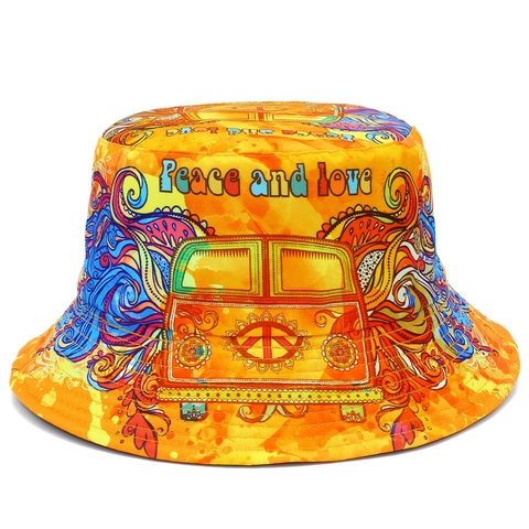 Chapeau Bob Réversible Imprimé Hippie Peace And Love Bus Rétro Bohème Chapeau De Soleil Pour Voyage À La Plage En Plein Air