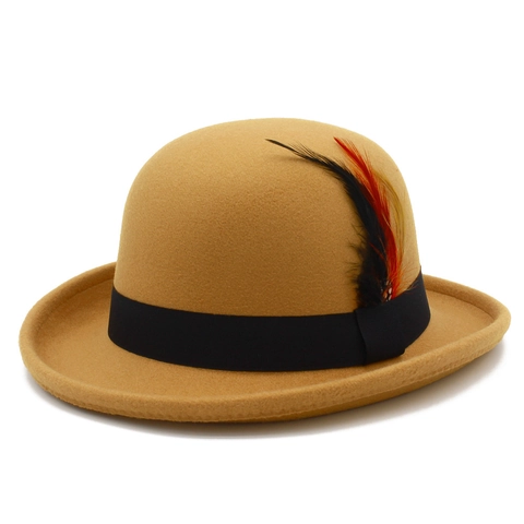 Vintage British Bowler Hat Woolen Felt Derby Hat With Feather Ribbon Decoration Retro Jazz Party Dress Cap For Men Women
