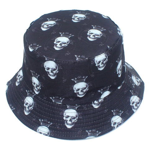 Cappello da Pescatore Creativo con Stampa Teschio e Corona Reversibile in Cotone Protezione Solare Outdoor Streetwear Punk