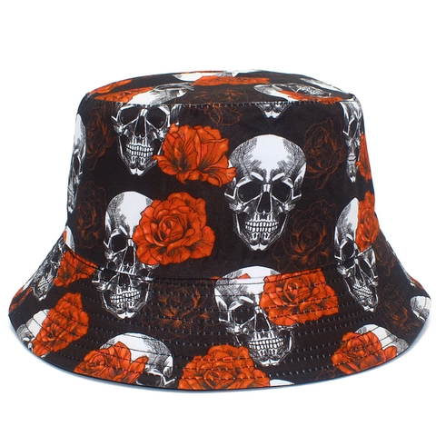 Halloween Reversible Bucket Hat Skeleton Skull Rose Floral Print Black Fisherman Cap For Men Women Party Cosplay Fashion Hat