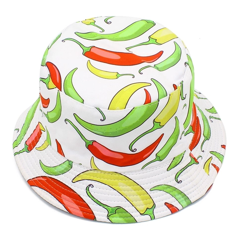 Cappello a Secchiello Reversibile per Uomo Donna Motivo Peperoncino Colorato in Cotone Bianco Protezione Solare per Spiaggia e Vacanza