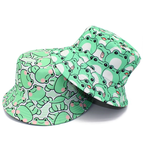 Cartoon Frog Print Bucket Hat Cotton Foldable Sunshade Fisherman Cap For Men Women Outdoor Travel Cute Flat Top Hat