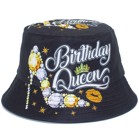 Birthday Queen Letterprint Vissershoed Strass Hoge Hakken Kroon Lippen Patroon Katoen Vakantie Feest Zonnehoed Dames