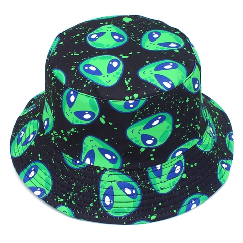 Alien Skull Crown Printed Bucket Hat Double Sided Cotton Streetwear Outdoor Sun Hat For Halloween Party Women Men