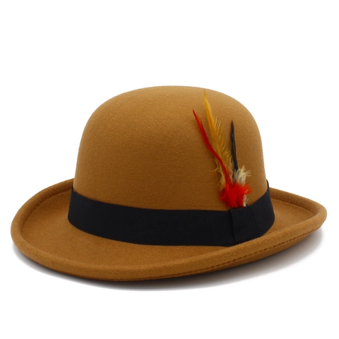 Vintage British Bowler Hat Woolen Felt Derby Hat With Feather Ribbon Decoration Retro Jazz Party Dress Cap For Men Women