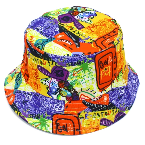 Unisex Street Fashion Graffiti Bucket Hat Reversible Cotton Sun Hat Colorful Digital Print Outdoor Fisherman Hat