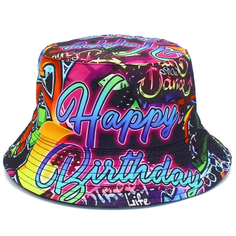 Happy Birthday Letter Print Bucket Hat For Men Women Cotton Graffiti Sun Protection Fisherman Hat Party Birthday Gift