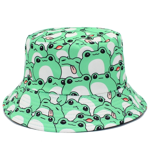 Unisex Cotton Cartoon Frog Bucket Hat All Over Print Foldable Sun Protection Fisherman Hat Summer Outdoor Travel Beach