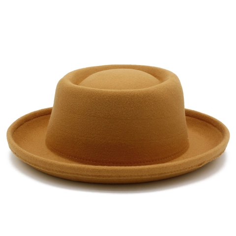 Vintage Pork Pie Hat For Men Women Concave Top Rolled Brim Cotton Blend Jazz Fedora Hat Solid Color Fashion Accessory