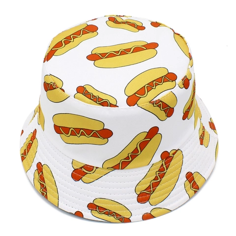 Cappello a Secchiello in Cotone Unisex Divertente Stampa Hot Dog Bianco Doppia Faccia Protezione Solare Berretto da Pescatore Estate