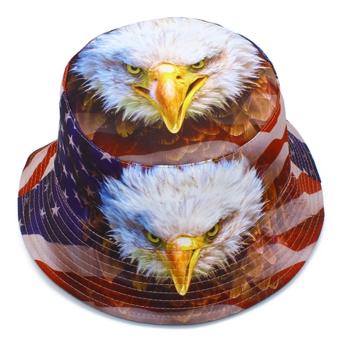 Fashion Reversible Bucket Hat Unisex Wide Brim Sun Protection Cap With American Flag Eagle Psychedelic Art Print Outdoor Fisherman Hat