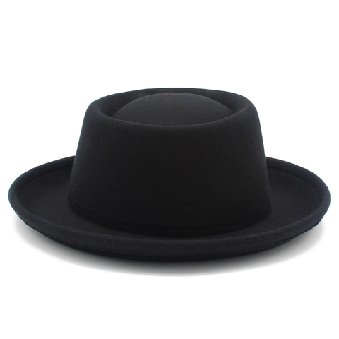Vintage Pork Pie Hat For Men Women Concave Top Rolled Brim Cotton Blend Jazz Fedora Hat Solid Color Fashion Accessory