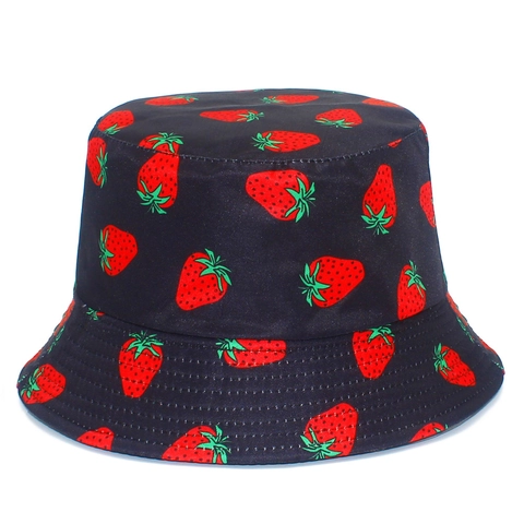 Women Cotton Strawberry Print Bucket Hat Reversible Cute Fruit Pattern Sun Protection Outdoor Casual Fisherman Cap