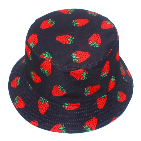 Women Cotton Strawberry Print Bucket Hat Reversible Cute Fruit Pattern Sun Protection Outdoor Casual Fisherman Cap