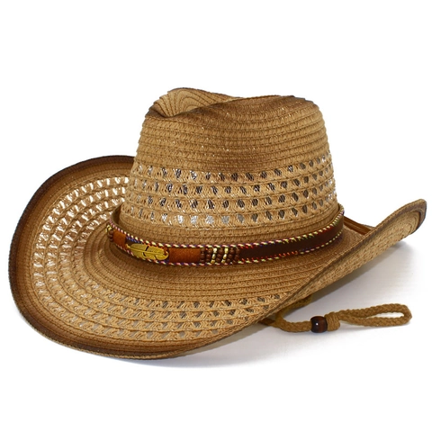 Chapeau de Paille Cow-boy Occidental Respirant Ajouré pour Hommes Femmes Bande en Cuir Ethnique Plume Métal Protection Solaire