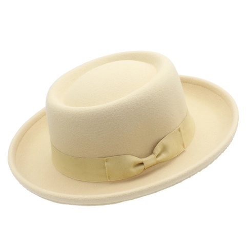 Vintage Wollen Boater Hoed Met Satijnen Strik Elegante Pork Pie Fedora Hoed Platte Bovenkant Britse Stijl Feest Winter Warme Hoed