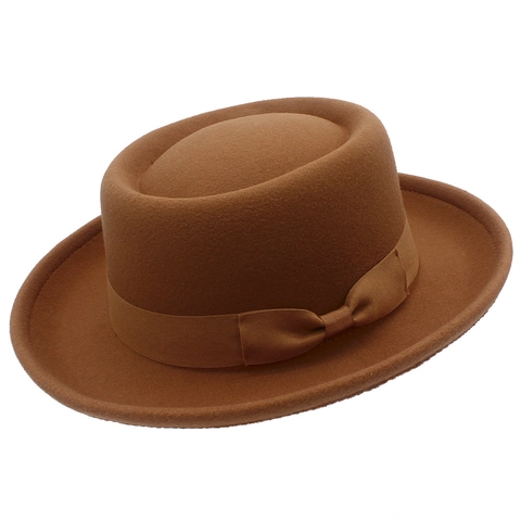 Vintage Wollen Boater Hoed Met Satijnen Strik Elegante Pork Pie Fedora Hoed Platte Bovenkant Britse Stijl Feest Winter Warme Hoed