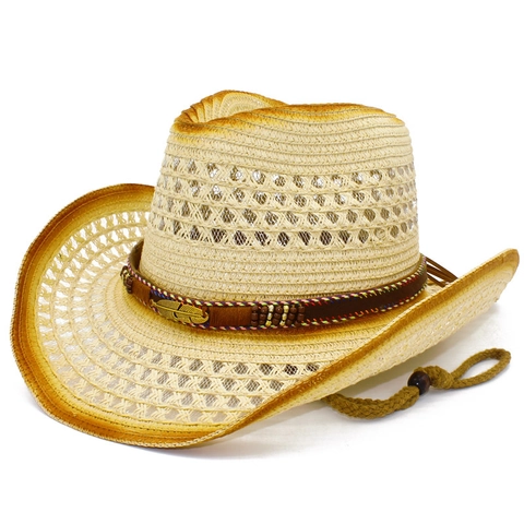 Chapeau de Paille Cow-boy Occidental Respirant Ajouré pour Hommes Femmes Bande en Cuir Ethnique Plume Métal Protection Solaire