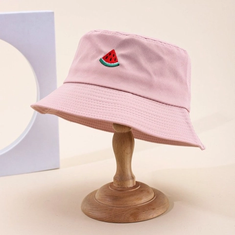 Women Cotton Bucket Hat With Watermelon Embroidery Breathable Sun Protection Foldable Summer Travel Fisherman Basin Hat