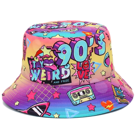 Retro 90er Jahre Stil Graffiti Anglerhut Wendbar Doppelseitig Baumwolle Fischerhut Für Damen Herren Party Hip Hop Streetwear Sonnenhut