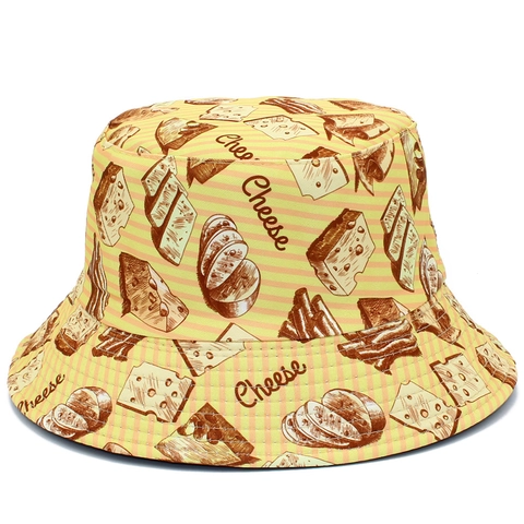 Creative Food Print Bucket Hat Double Sided Casual Cotton Sun Hat Cheese Hotdog Pattern Outdoor Fisherman Hat Women Men
