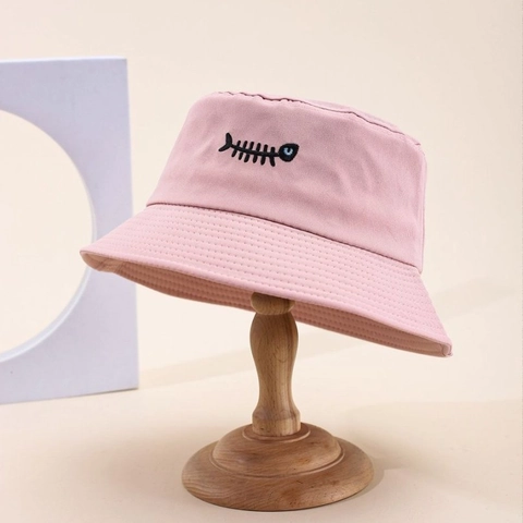 Vintage Cotton Fish Bone Embroidery Bucket Hat For Women Men Breathable Sun Protection Outdoor Beach Fisherman Hat