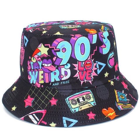 Cappello da Pescatore Retro Anni 90 Pop Art Cotone Reversibile Protezione Solare Outdoor Streetwear Graffiti per Donna Uomo