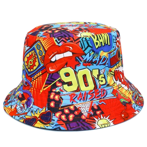 90s Vintage Pop Art Graffiti Καπέλο Bucket Διπλής Όψεως Βαμβακερό Streetwear Πολύχρωμο Τύπωμα Γράμματα Προστασία από τον Ήλιο