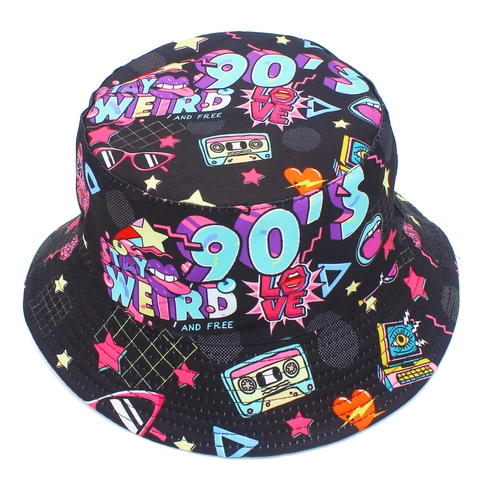 Cappello da Pescatore Retro Anni 90 Pop Art Cotone Reversibile Protezione Solare Outdoor Streetwear Graffiti per Donna Uomo