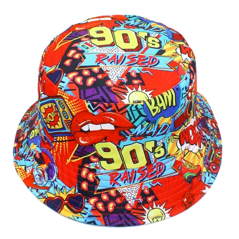 90s Vintage Pop Art Graffiti Καπέλο Bucket Διπλής Όψεως Βαμβακερό Streetwear Πολύχρωμο Τύπωμα Γράμματα Προστασία από τον Ήλιο