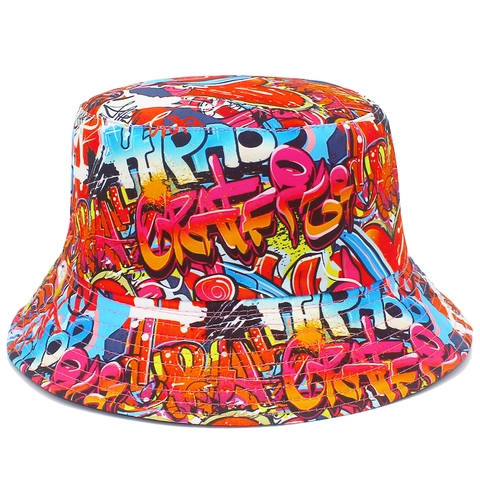 Unisex Reversible Graffiti Bucket Hat Pop Art Print Cotton Sun Hat Streetwear Hip Hop Outdoor Fisherman Cap Travel Sunshade