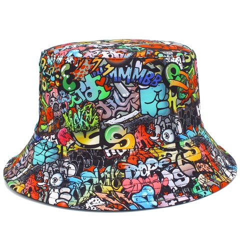 Chapeau Bob Réversible Graffiti en Coton Streetwear Hip Hop Double Face Protection Solaire Outdoor Femmes Hommes Couvre-chef