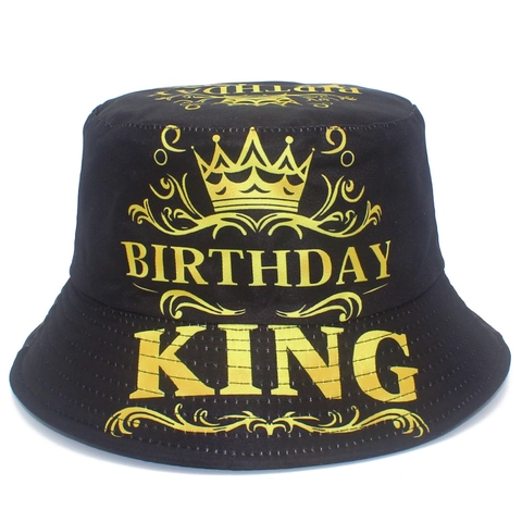 Zwarte Birthday King Kroon Print Vissershoed Katoen Zonbescherming Feestmuts Voor Verjaardagsfeest Mannen Vrouwen