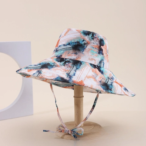 Women Floral Print Cotton Bucket Hat With Wide Brim Windproof Strap Sun Protection Breathable Vacation Beach Sun Hat