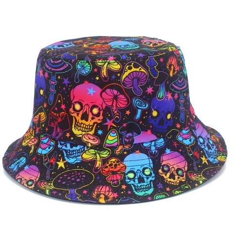 Cappello da Pescatore Reversibile in Cotone Stampa Teschio Rosa Fungo Cappello da Sole Gothic Streetwear Outdoor Uomo Donna