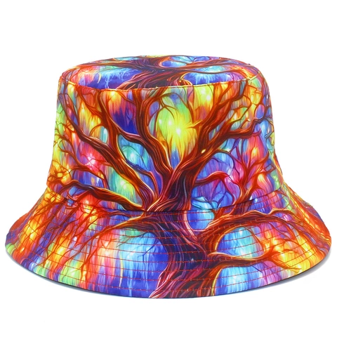 Cotton Reversible Bucket Hat With Psychedelic Colorful Tree Print Artistic Sun Protection Foldable Outdoor Beach Sun Hat For Men Women