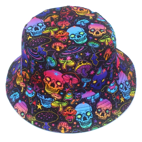 Cappello da Pescatore Reversibile in Cotone Stampa Teschio Rosa Fungo Cappello da Sole Gothic Streetwear Outdoor Uomo Donna