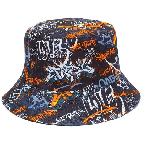 Cappello da Pescatore in Cotone Streetwear Graffiti con Stampa di Lettere Reversibile Hip Hop Protezione Solare per Uomo Donna