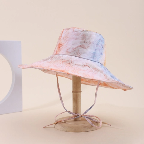 Women Floral Print Cotton Bucket Hat With Wide Brim Windproof Strap Sun Protection Breathable Vacation Beach Sun Hat