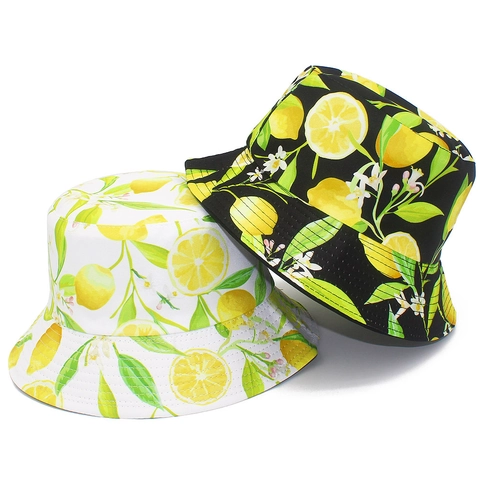 Damen Sommer Baumwolle Zitrone Druck Fischerhut Beidseitig Tragbar Sonnenschutz Fresh Fruit Pattern Outdoor Strand Hut