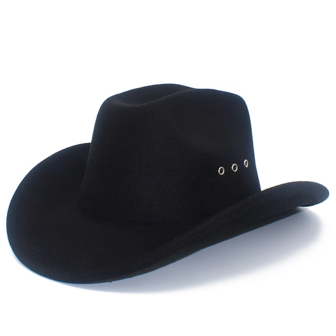Vintage Western Cowboyhoed Voor Dames Heren Wollen Vilt Fedora Hoed Brede Rand Jazz Pet Met Metalen Oogjes Zonwering Buiten Hoed