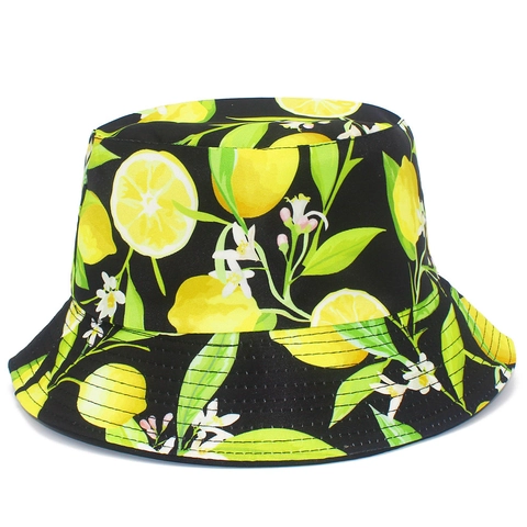 Damen Sommer Baumwolle Zitrone Druck Fischerhut Beidseitig Tragbar Sonnenschutz Fresh Fruit Pattern Outdoor Strand Hut