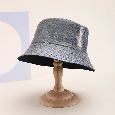 Unisex PU Leather Holographic Bucket Hat Laser Metallic Shiny Sun Protection Basin Hat For Streetwear Hip Hop Outdoor Travel Headwear