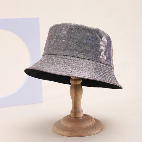 Unisex PU Leather Holographic Bucket Hat Laser Metallic Shiny Sun Protection Basin Hat For Streetwear Hip Hop Outdoor Travel Headwear